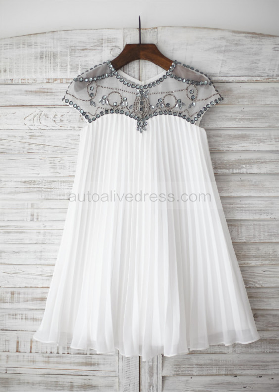 Sheer Beaded Neck Ivory Pleated Chiffon Stunning Flower Girl Dress